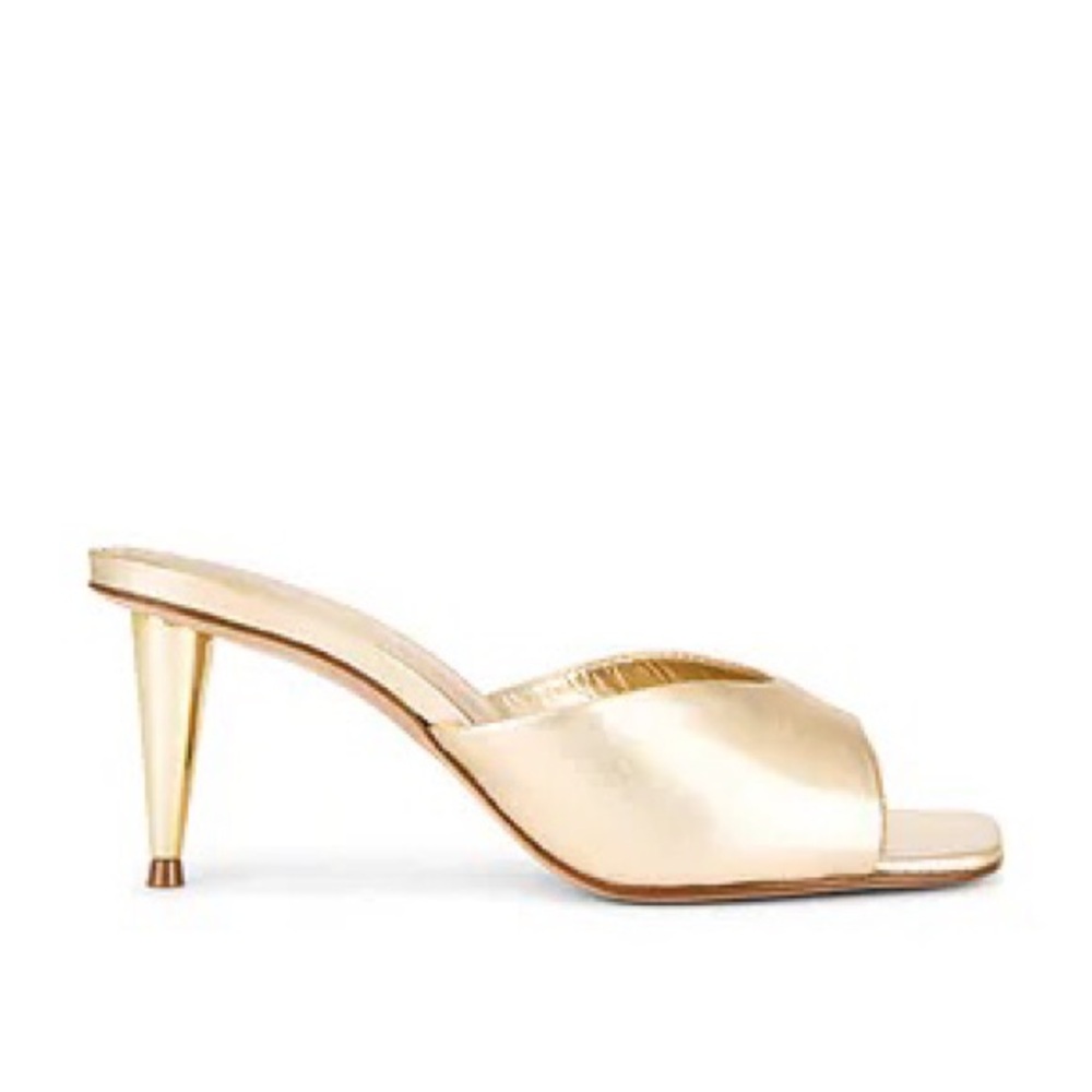 Revolve SHUTZ Dethalia Pin Heel Leather in Platina Metallic Gold Mule Peep Toe